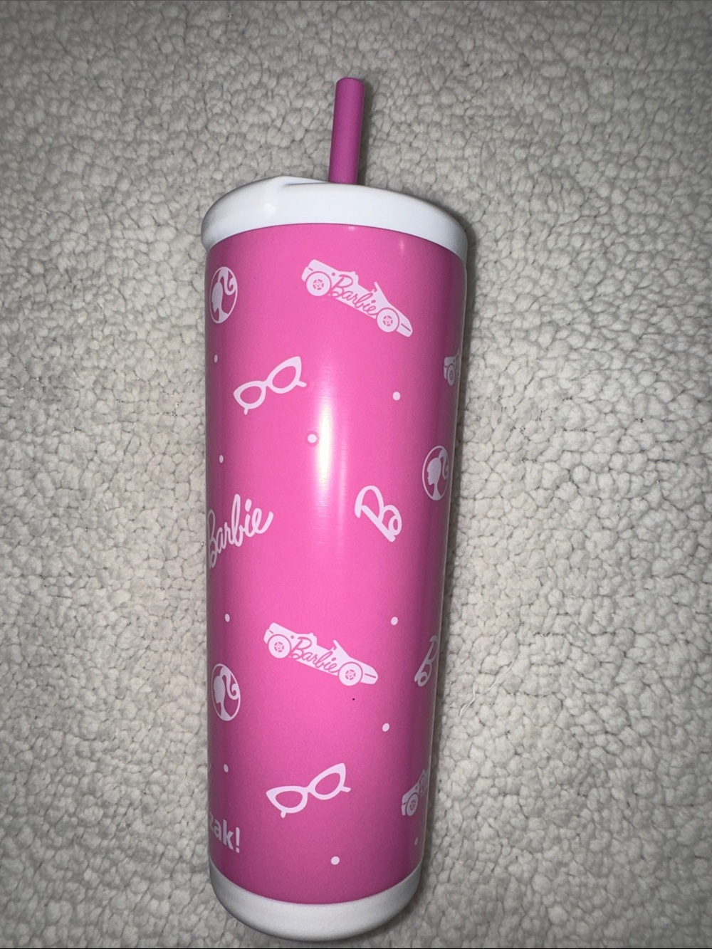 Barbie- NWOT Pink Logo Pattern Insulated Tumbler with Pink Straw 24oz - Picture 3 of 12